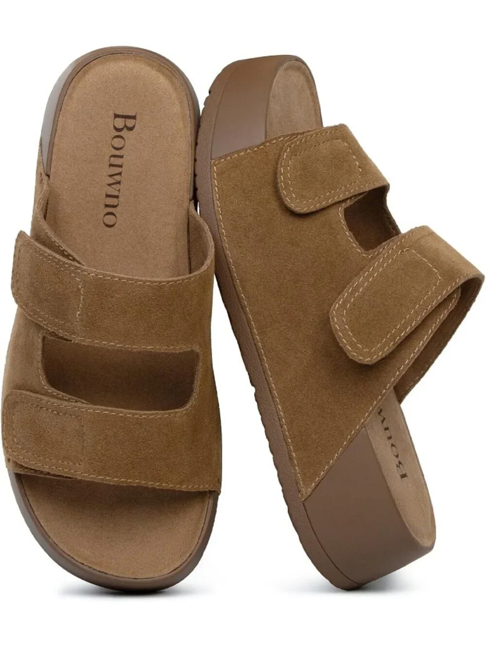 Womens Brown Genuine Leather Slip on Beach Slide Buckle Platform Sandal Shoes